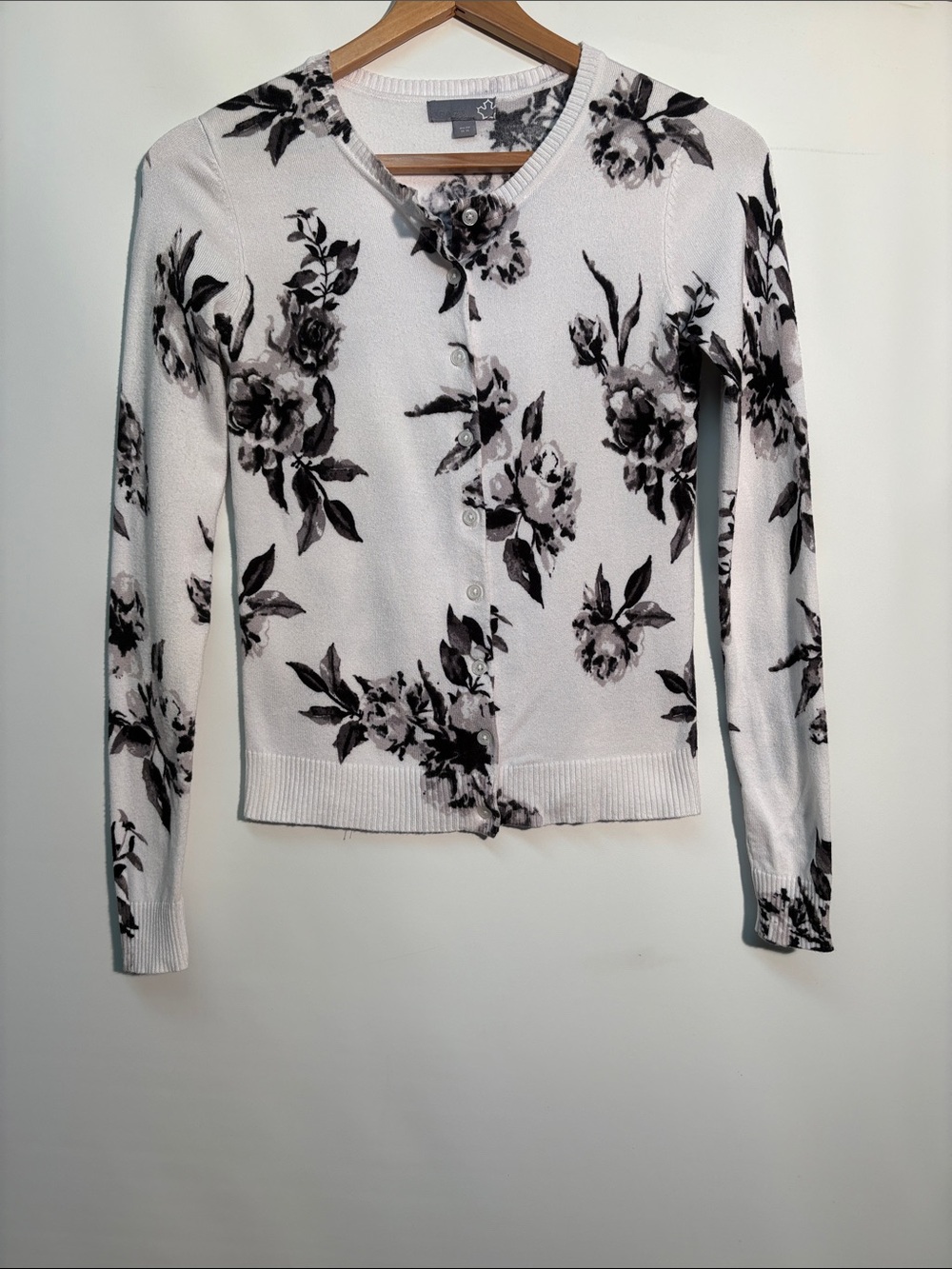 Sears White Cardigan with Black and Gray Floral Print